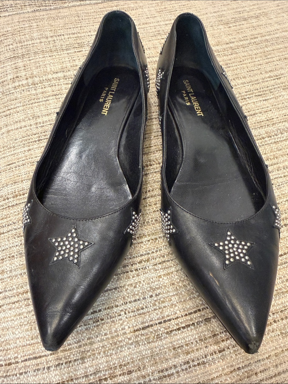 Saint Laurent Black Leather Pointed Flats with Studded Star Detail Sz 40